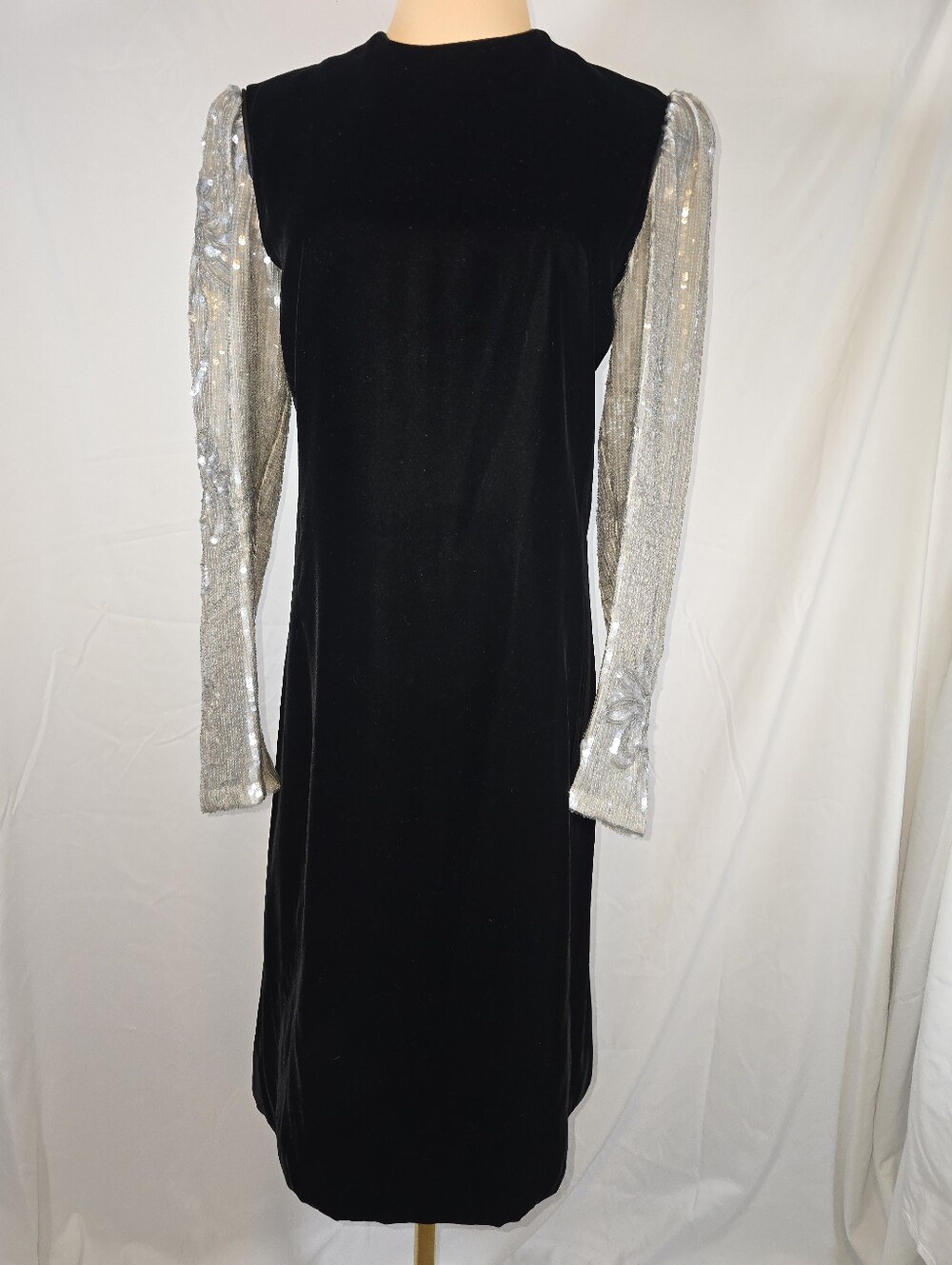 Vintage Black Velvet Dress with Silver Sequin Sleeves